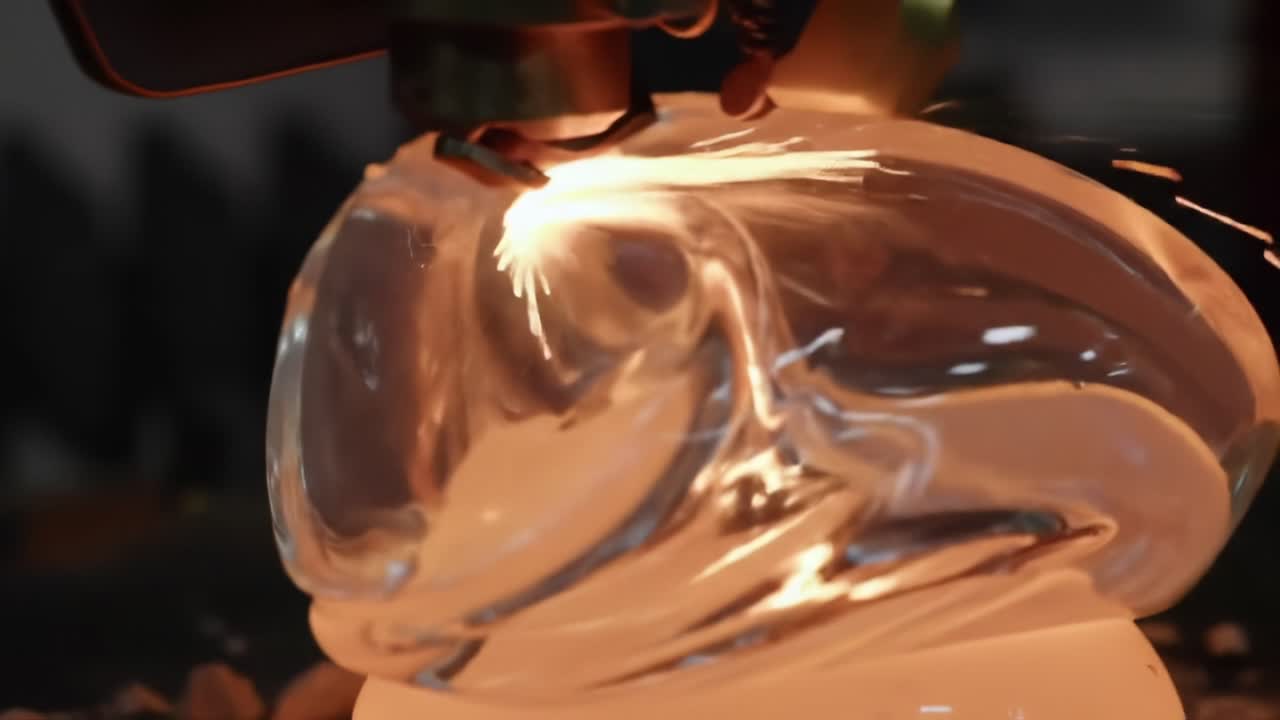 Hantverksmässig tillverkningsprocess av en unik glasskulptur i en verkstadsmiljö, som framhäver form, teknik och det subtila ljusspelet på transparent material