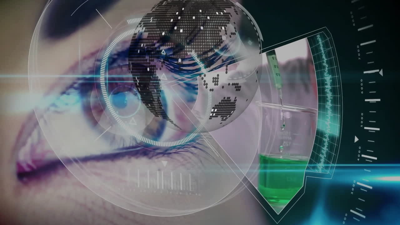 ojo de primer plano con globo digital, animación de investigación científica en escena de laboratorio