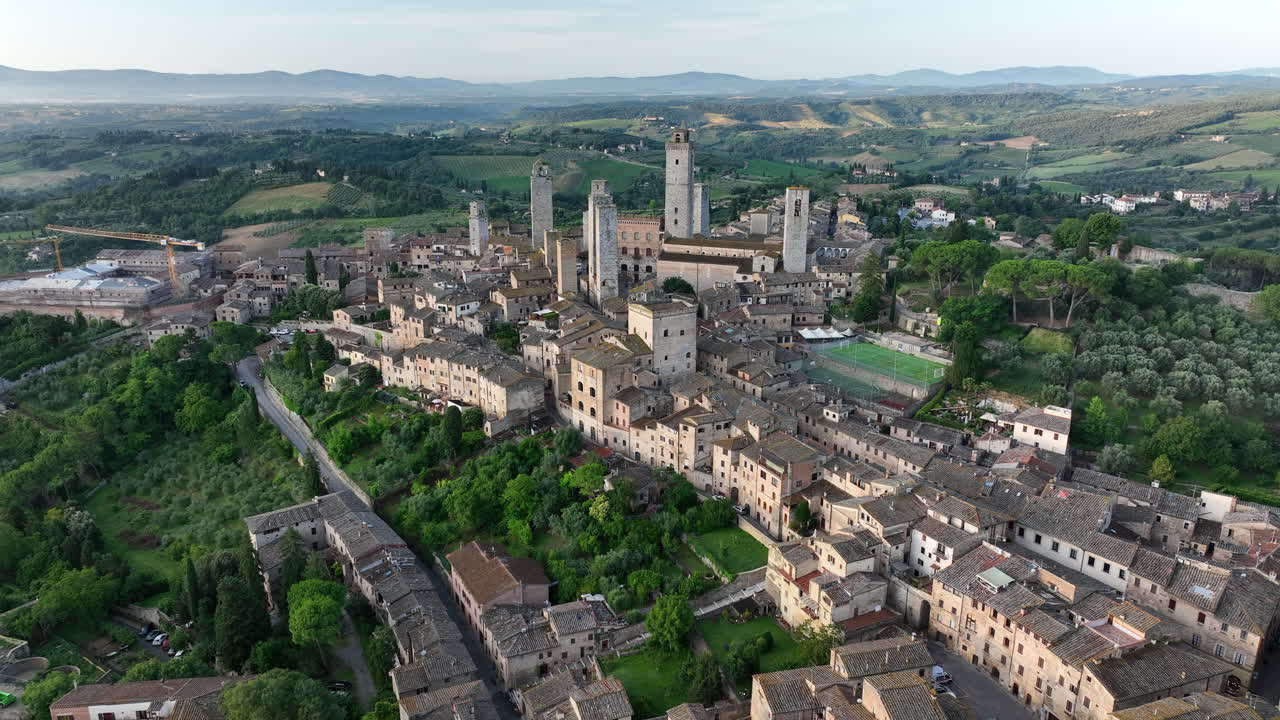 Views over the medieval town of San Gimignano in Tuscany showing the towers and historical buildings, Italy