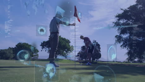 two golf partners lining up and holding flag on putting green, showing holographic tech analytics
