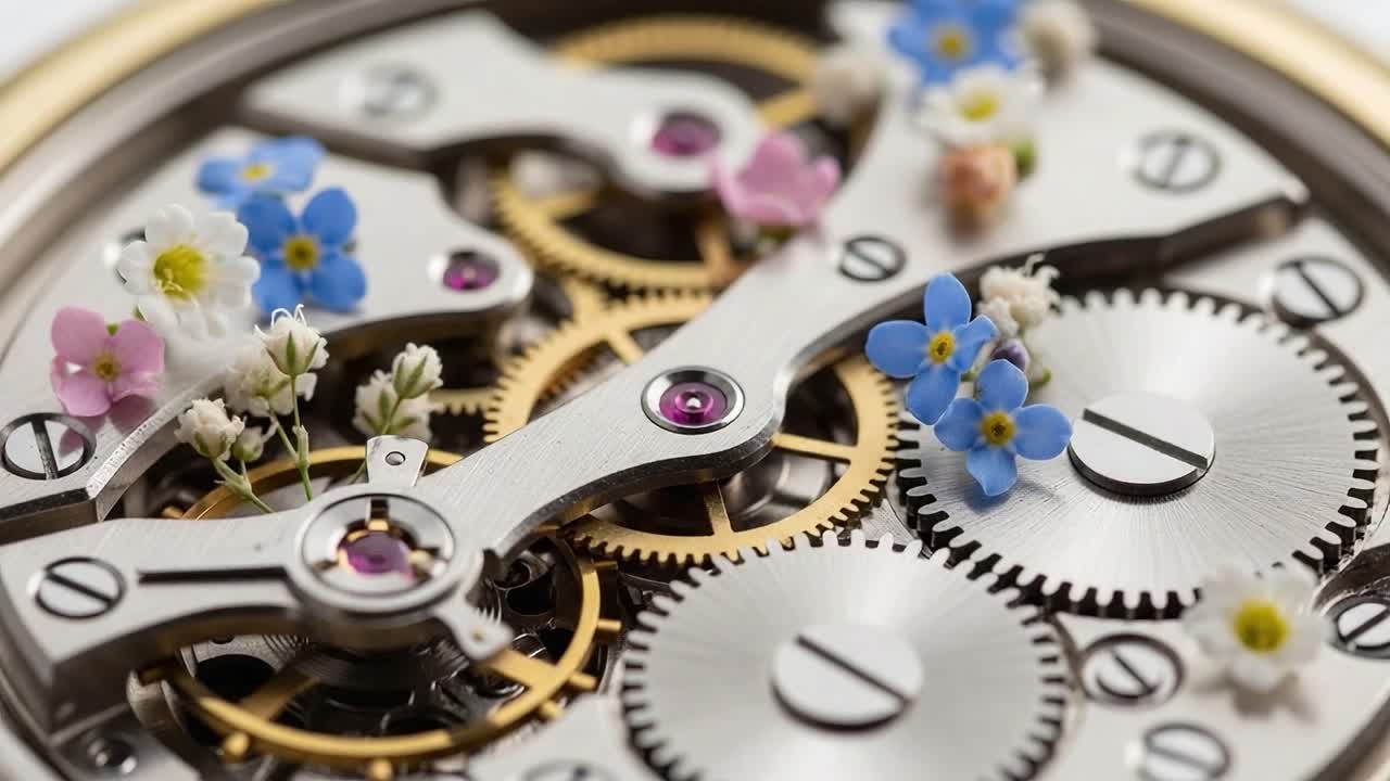 Intricate Mechanisms of Time: A Close-Up View of a Watch Movement Adorned with Delicate Flowers, Showcasing the Harmony of Nature and Engineering