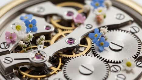 intricate mechanisms of time: a close-up view of a watch movement adorned with delicate flowers, showcasing the harmony of nature and engineering
