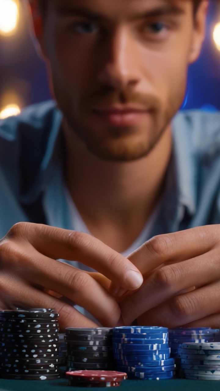 Un giocatore concentrato contempla la sua prossima mossa a un tavolo da poker ad alto rischio, circondato da pile di fiches colorate e luci intense che esaltano l'atmosfera.