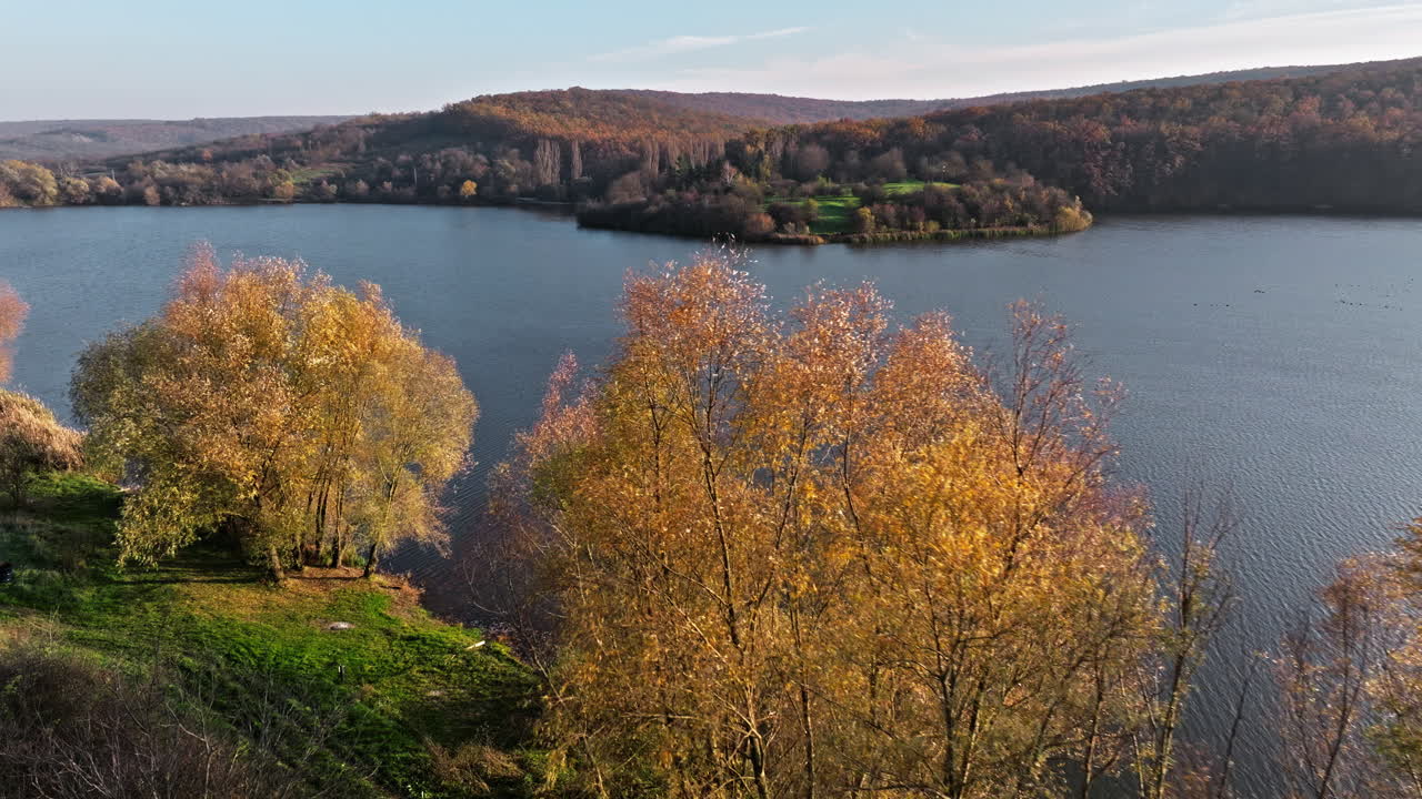 Aerial drone view of a small island on the Raut river near Orhei, Moldova