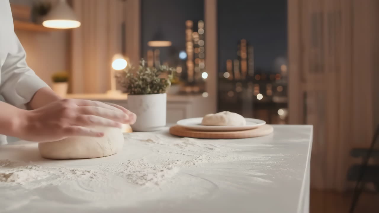 Hands kneading dough on a floured surface in a kitchen at night