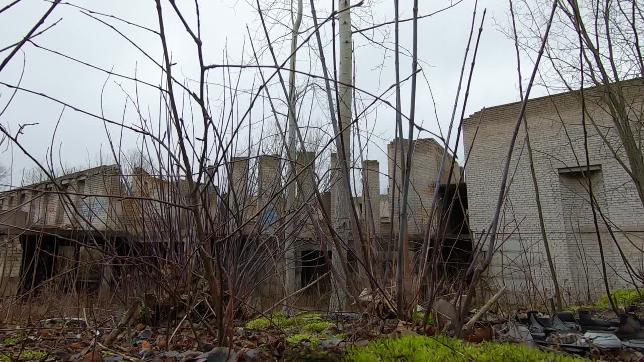 Abandoned White Brick Building Between Trees And Shrubs. Dolly Out Slow Motion Shot