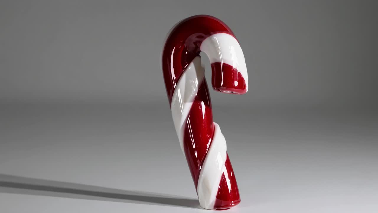 Close-up video of a glossy red and white candy cane on a gray background