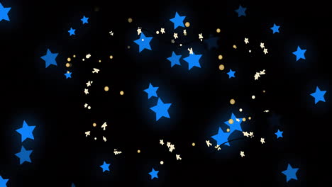 Animación-De-Estrellas-Azules-Y-Partículas-Doradas-Sobre-Fondo-Negro,-Brillantes-Y-Resplandecientes.