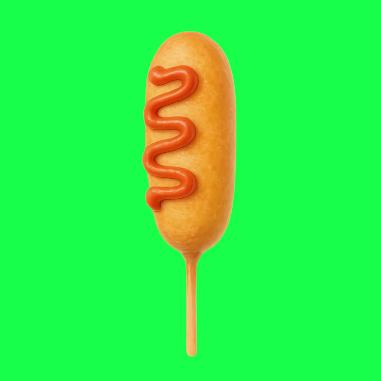 Animazione di hot dog ricoperto di pastella con spirale di ketchup, video 4K trasparente, green screen