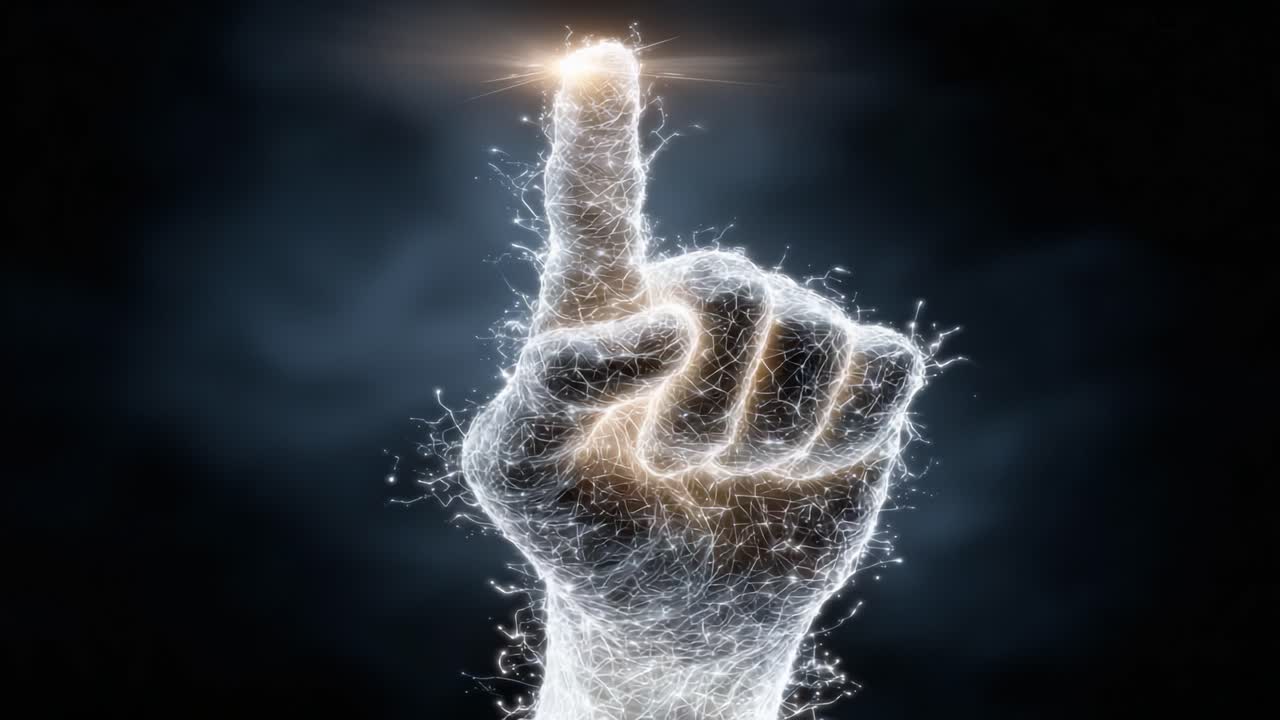Un dedo luminoso apuntando hacia arriba, rodeado de chispas enérgicas, simbolizando inspiración, creatividad y el poder de las ideas en un fondo oscuro