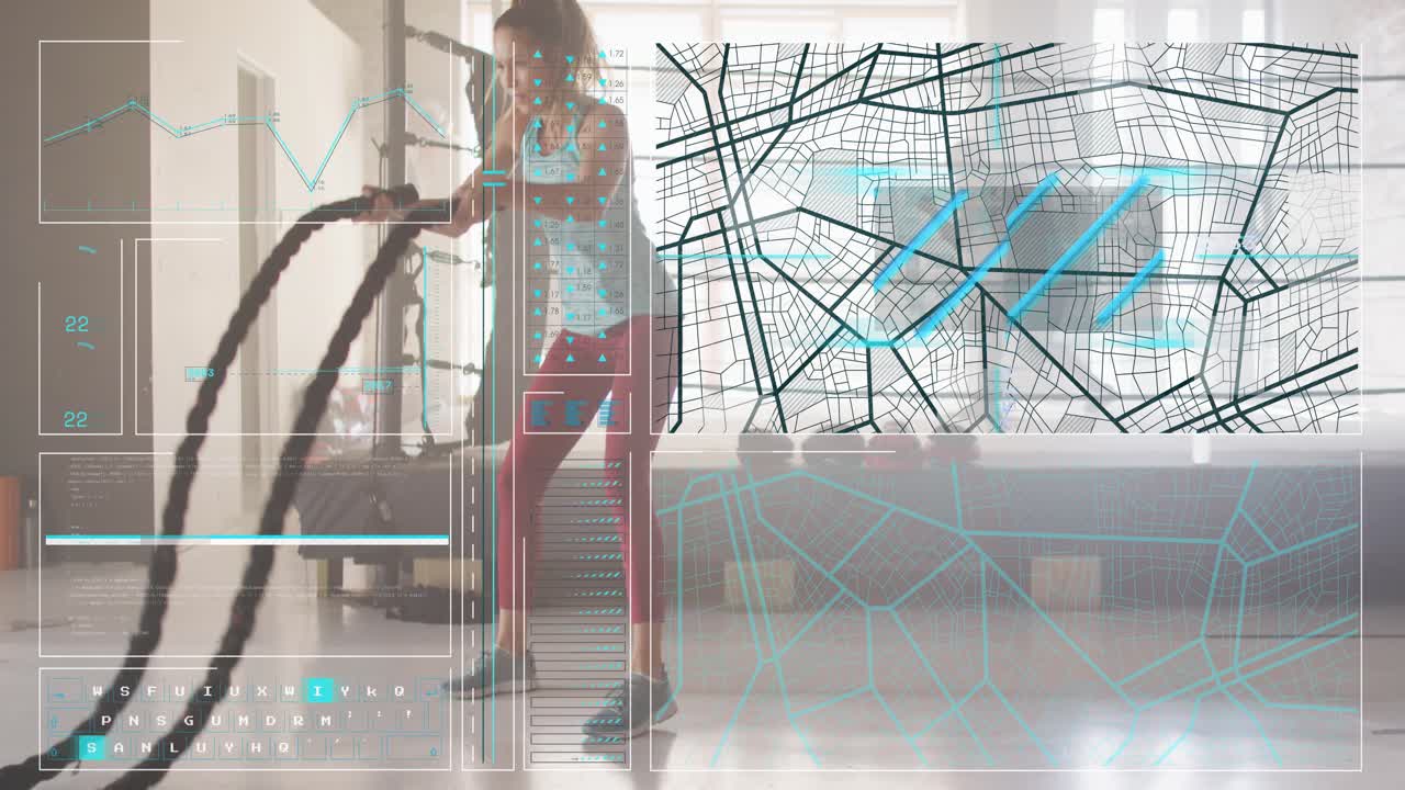 Woman doing battle ropes fitness studio waves causing HUD tracking metrics HUD fading shadow boxer