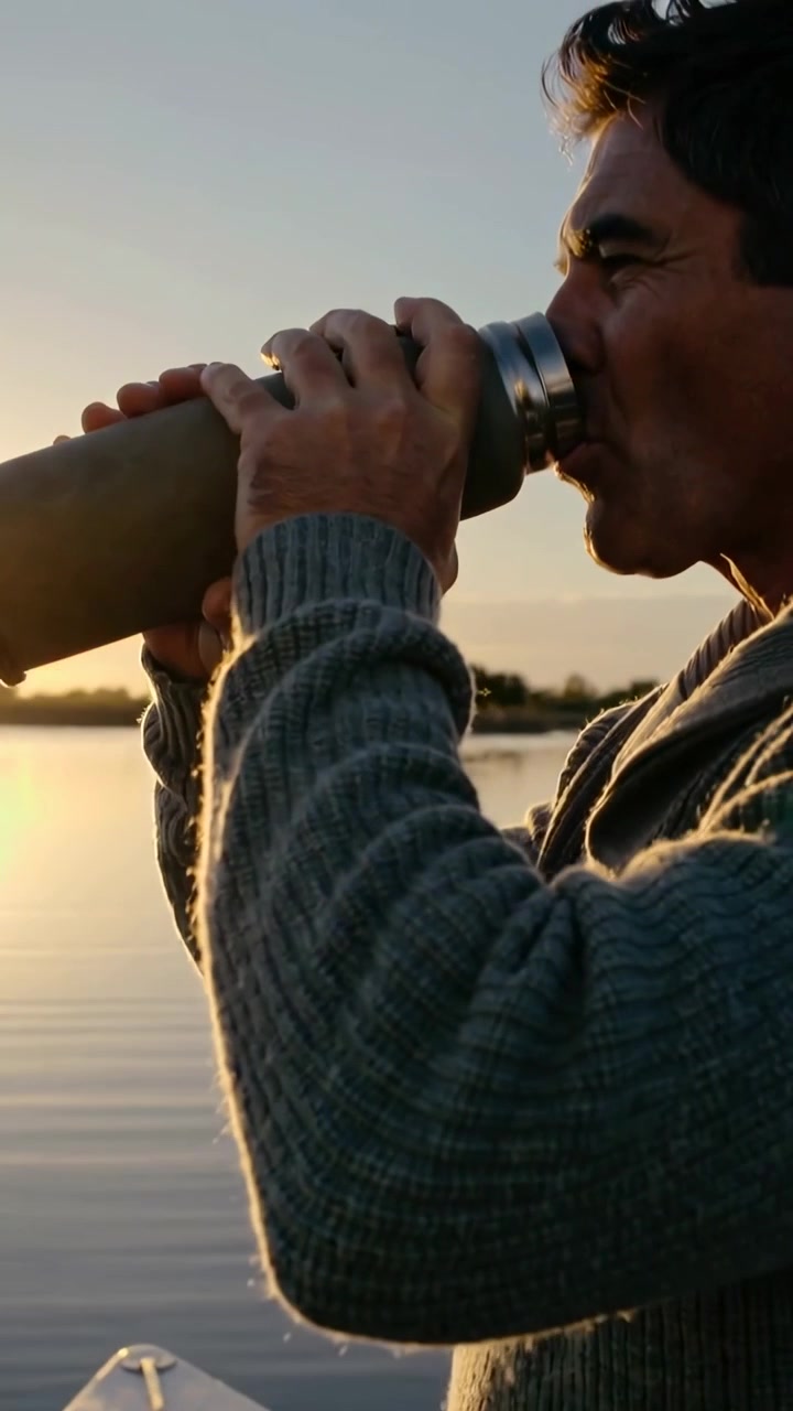 Vertical video: Sunrise inspiring man unscrewing thermos and drinking on rowboat, sweater, rope