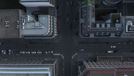 AERIAL:-Beautiful-Overhead-View-of-Berlin-Central-with-Pedestrians-on-Sidewalk-and-Car-Traffic