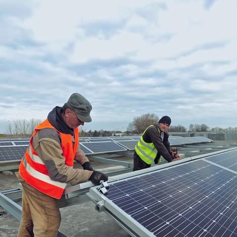 workers installing photovoltaic solar panels on the roof. solar energy converts into electric energy. alternative energy ecological concept.