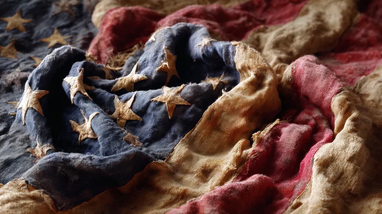 Un primo piano di una bandiera vecchia e consumata che simboleggia patrimonio e storia, che mostra strappi e colori sbiaditi in un ricco arazzo di tessuto e stelle