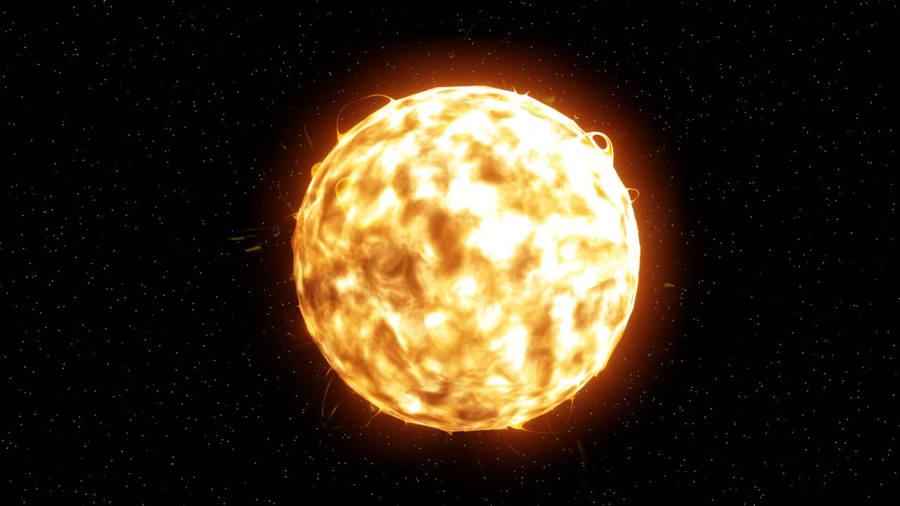 3d-рендеринг. поверхность солнца, выпуклость. ярко-желтые солнечные вспышки сияют. фотосфера и корона красивы. черное звездное небо на фоне. вид в телескопе.