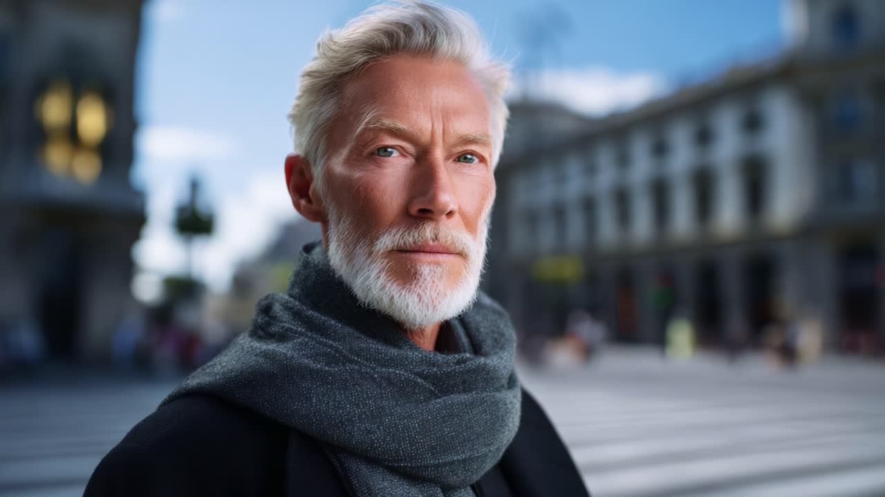 Un uomo anziano dall'aria sicura, con barba bianca come la neve e capelli grigi, posa pensieroso in un ambiente urbano, mettendo in mostra saggezza e grazia con un tocco di eleganza