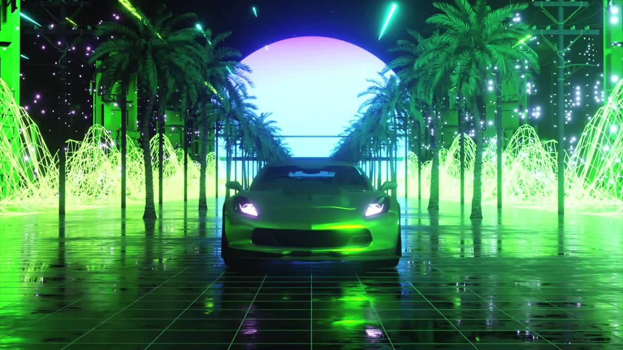 네온 스타일의 자동차와 도시: 80년대 레트로 웨이브 배경 3d 애니메이션: 네온 도시를 가로질러 레트로 퓨처리즘 자동차 드라이브: 시엄리스 루프의 3d 렌더링