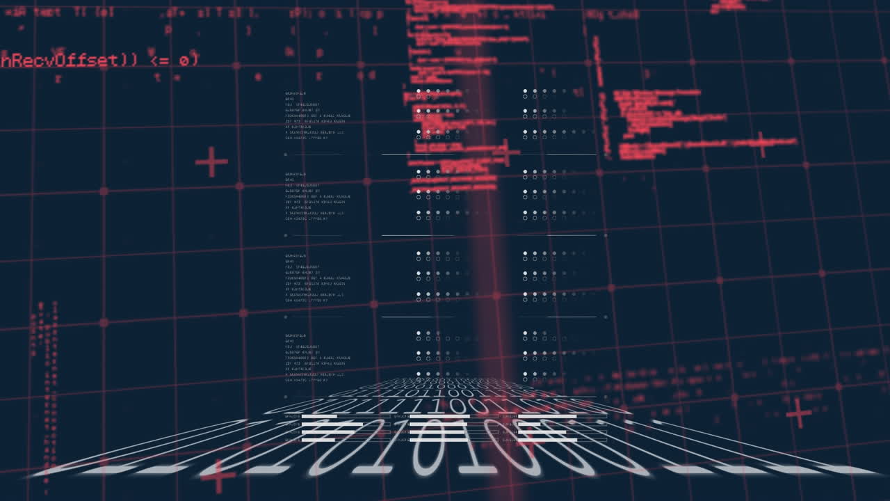 animación digital del procesamiento de datos a través de la red de red contra la codificación binaria en fondo azul