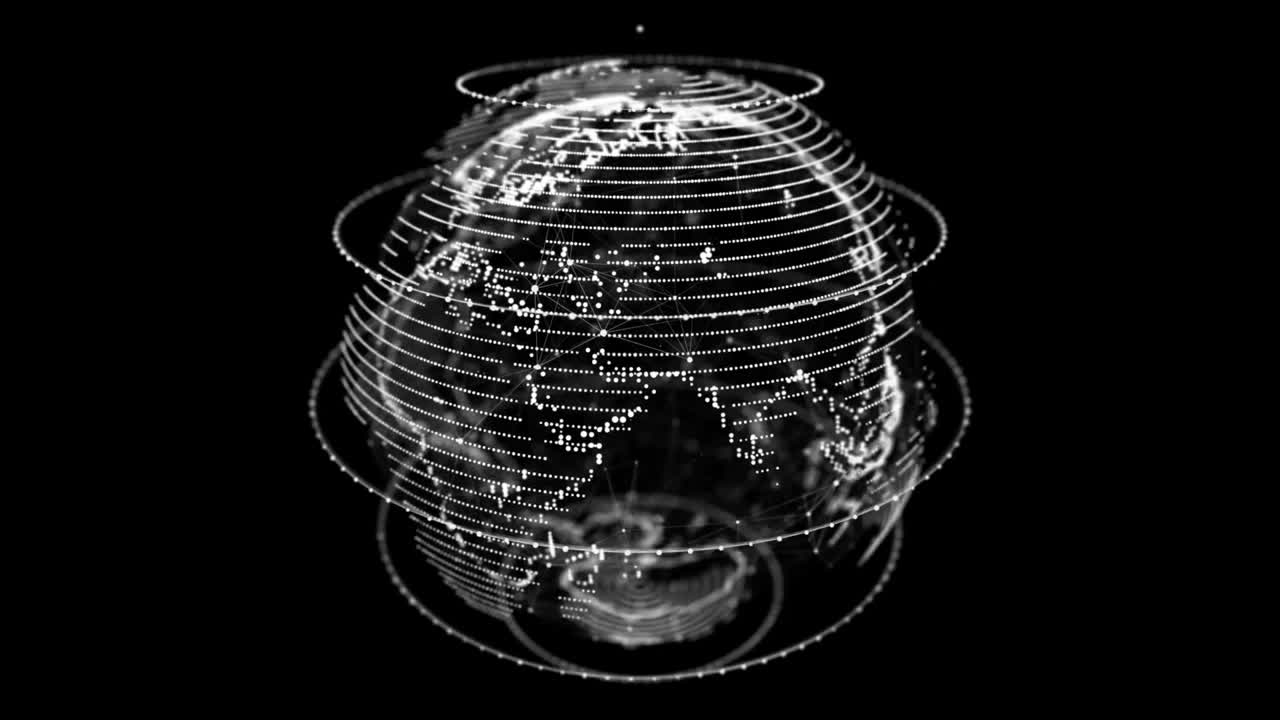 Abstract planet Earth with particles and a connected shell with lines. Global network connection. Science and technology. 3D rendering.