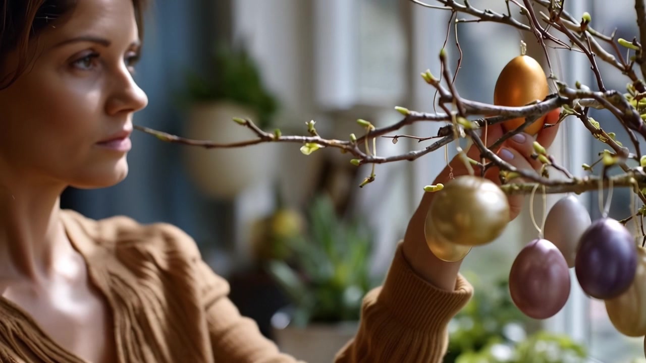 Woman Decorating Branches with Golden Easter Eggs for Spring
