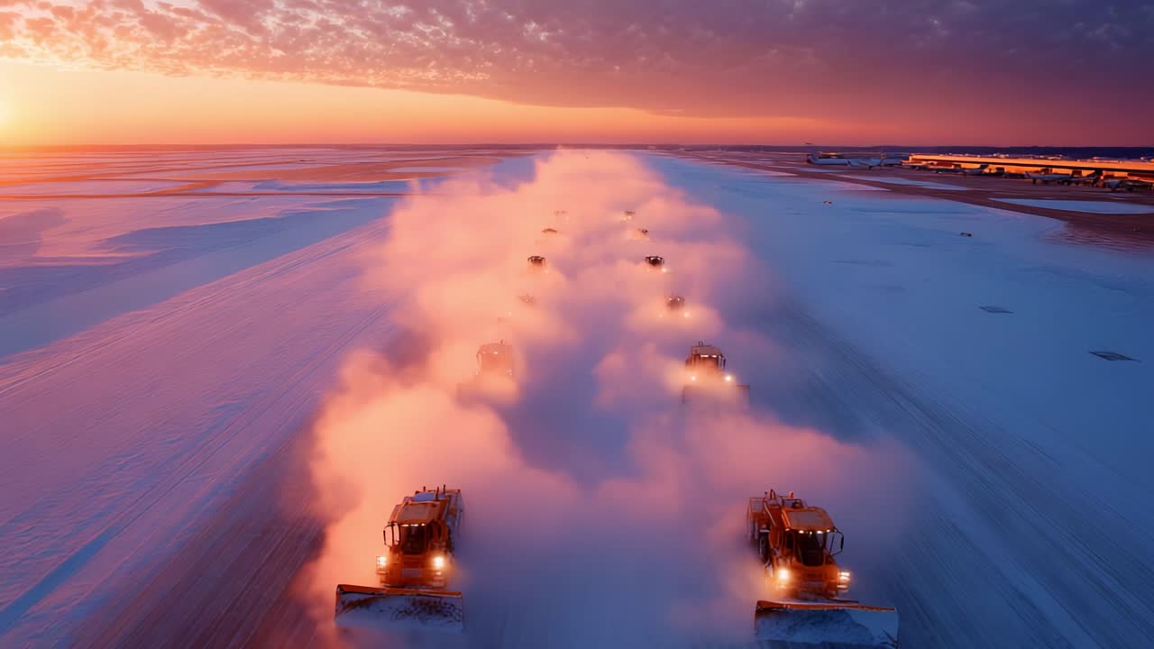 A Stunning Aerial View of Snow Plows Working Together at Sunset, Clearing Snow from a Frozen Landscape with the Glow of Dusk Enveloping the Scene in Warm Orange and Purple Hues