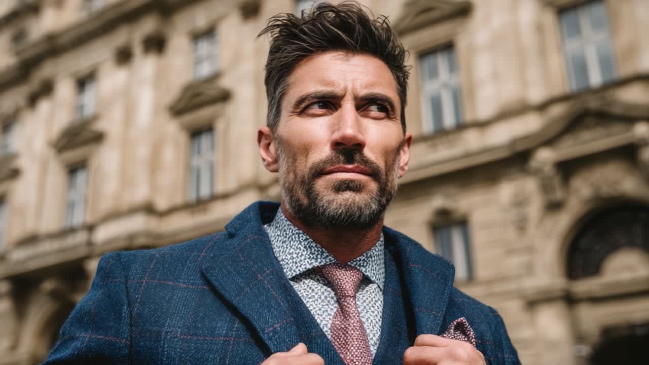 Modello maschile elegante in abito elegante che posa con sicurezza all'aperto contro un'architettura storica, mostrando le moderne tendenze della moda e una cura dell'aspetto sofisticata.