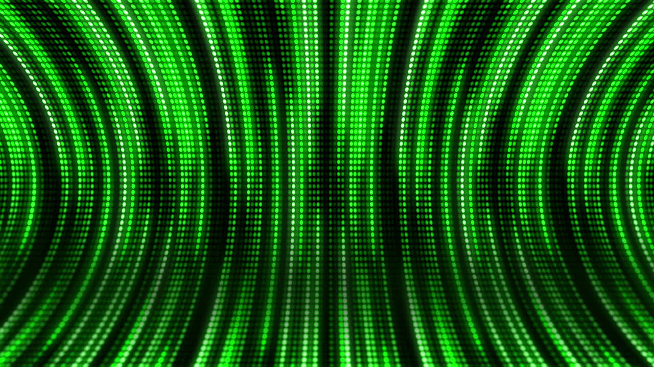 Dynamic green tunnel with round dots diodes. Light neon glowing lines. Looped retro animation for screens. Abstract background.
