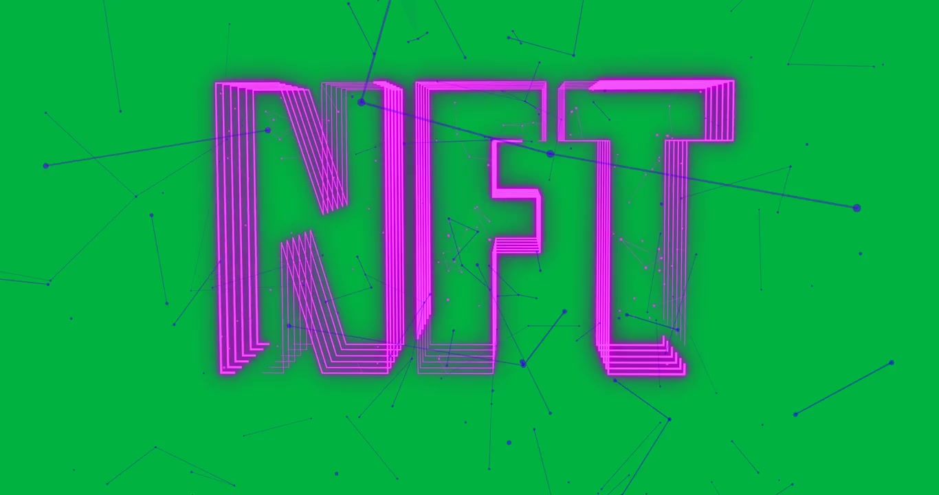 Animazione di testo NFT rosa su sfondo trasparente.