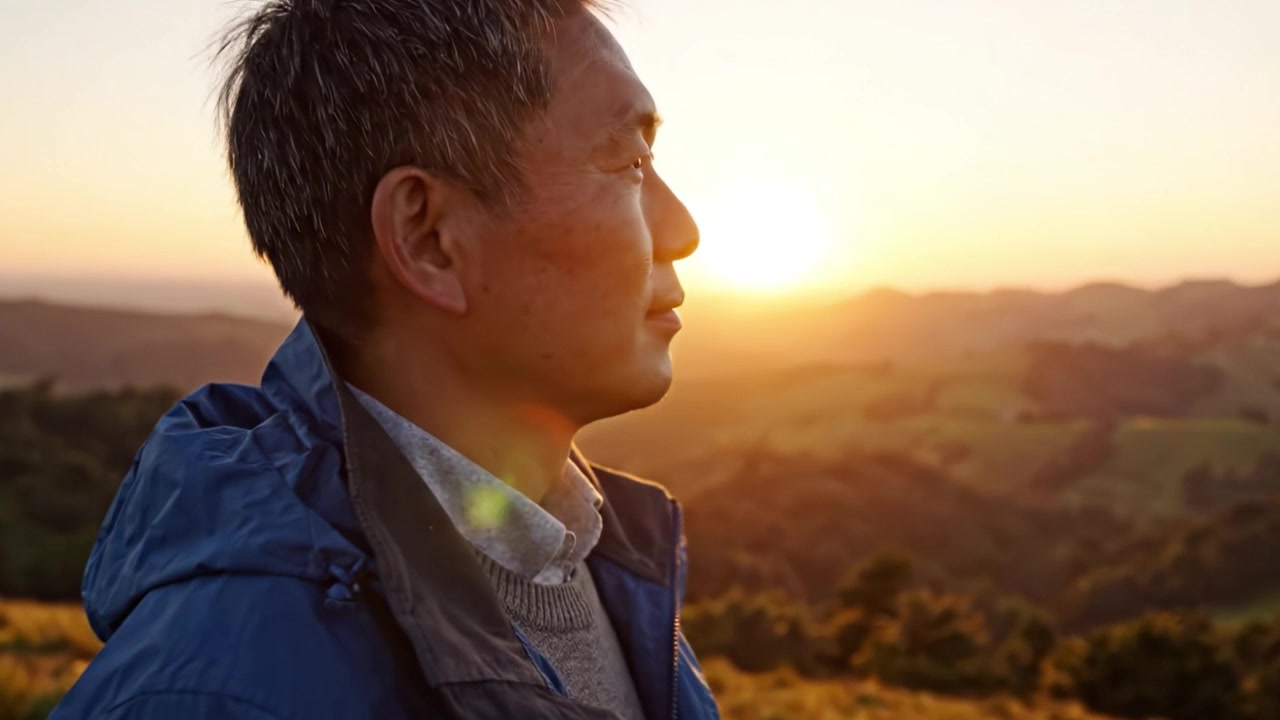 なだらかな丘に沈む美しい夕日を眺めながら人生を熟考する男性、静寂と自然の美しさを捉えた平和な内省の瞬間