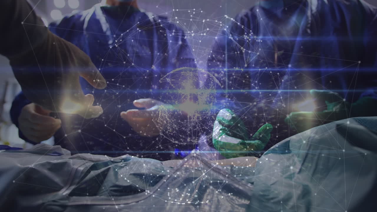 수술 중에 백인 외과 의사들의 중간 부분을 가로질러 연결 네트워크의 애니메이션