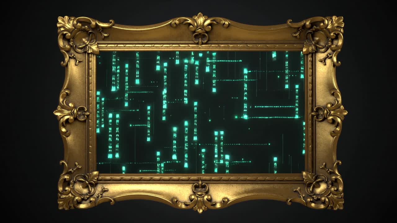 Displaying gold frame's digital screen streaming green glyph columns at gallery wall, lit corners
