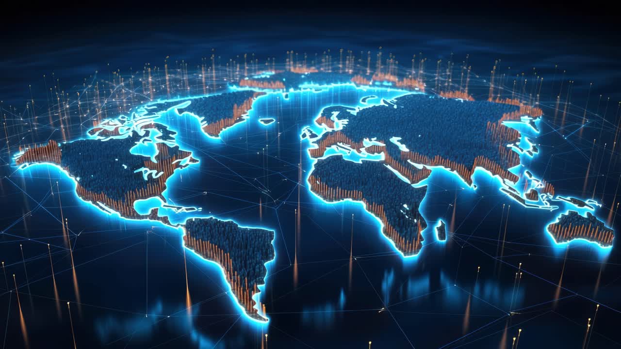 Futuristic video concept of a glowing world map from a high-angle view, showcasing digital