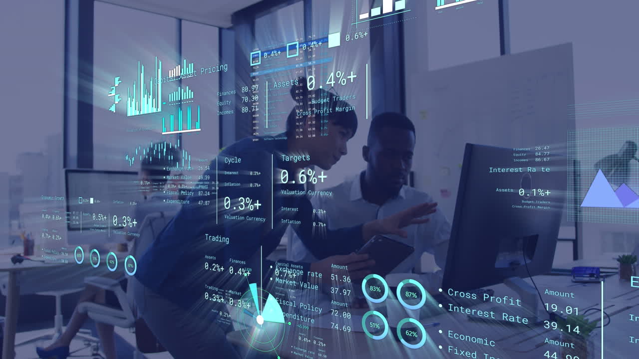 animación del procesamiento de datos financieros sobre diversas personas de negocios en la oficina