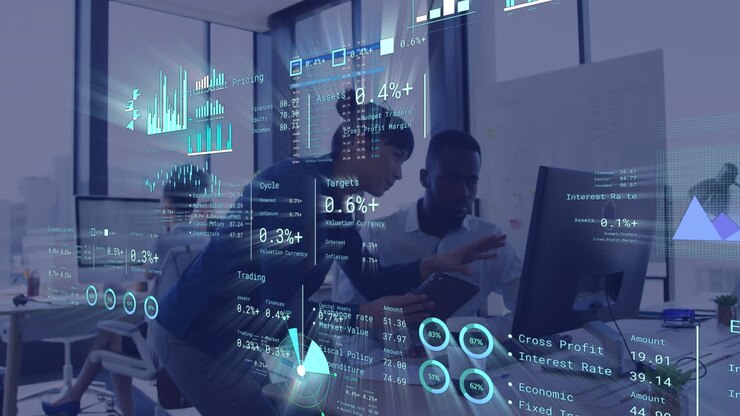 Animation of financial data processing over diverse business people in office