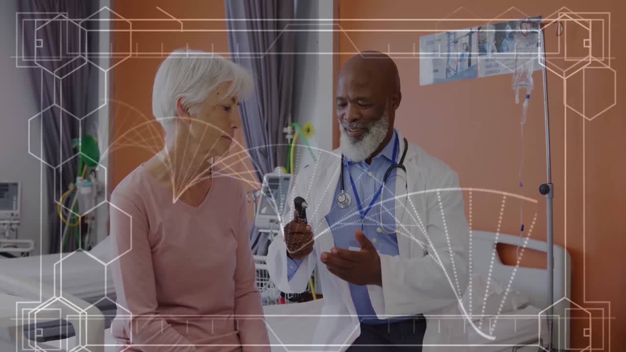 animación de una cadena de adn sobre un médico afroamericano con una paciente femenina