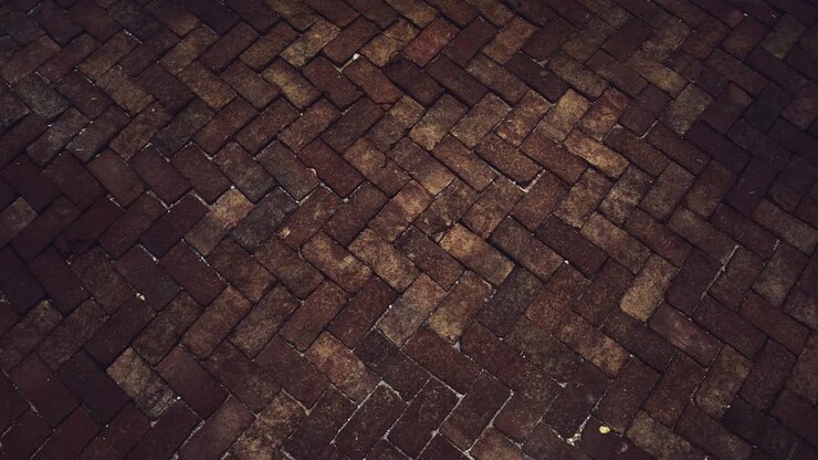 4K raindrop to ancient of dark and light red brown tone brick floor pavement stones and little wave on surface