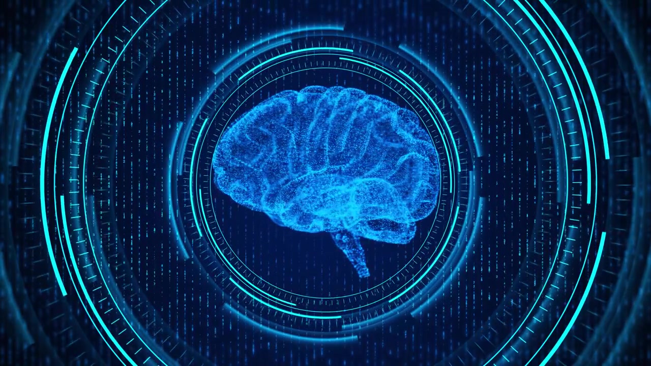 Blue hud brain interface background with circular scan rings falling code digital data and