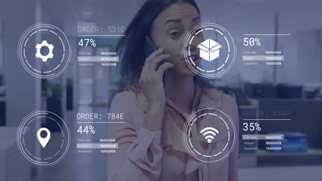 phone call, businesswoman analyzing digital order processing animation in office