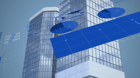 animation of blue colored infographic interface over modern buildings against sky