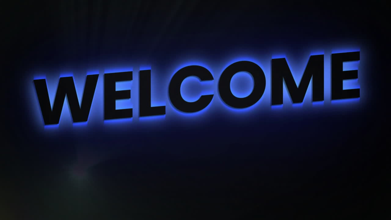 Animation of glowing blue WELCOME text on dark background, creating visual impact
