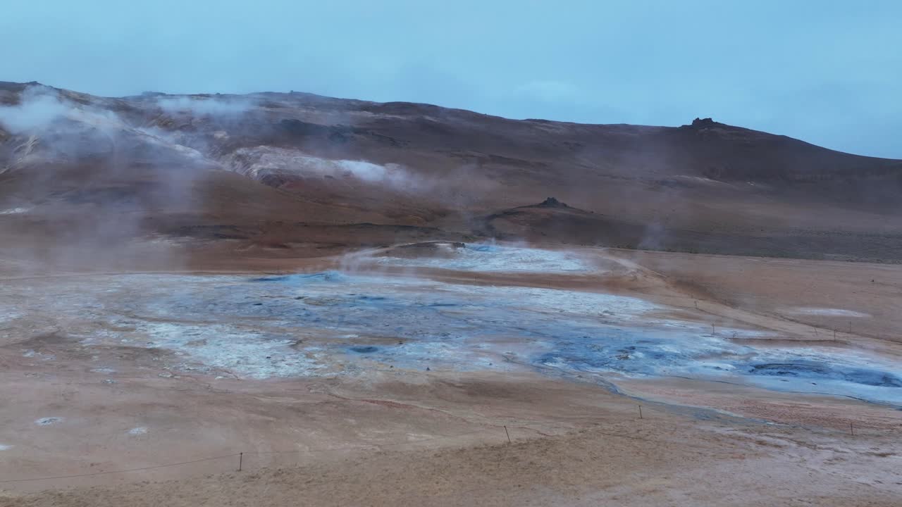 Drone shot of mystic hverir gelthermal area with hot springs and rising steam. Iceland, Europe. Cloudy morning Klon island