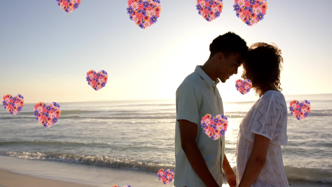여름에 해변에서 손을 잡고 있는 사랑에 빠진 다양한 커플을 움직이는 마음의 애니메이션