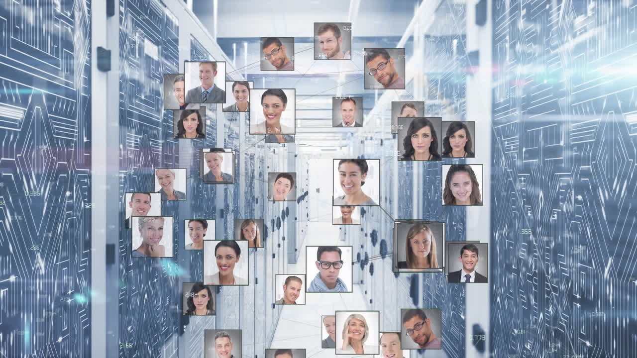 animación de iconos de personas y puntos de luz sobre la sala del servidor