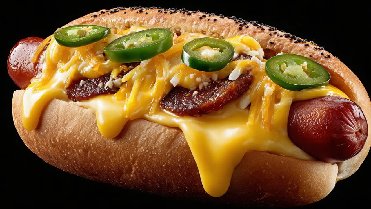 Lækker Gourmet Hotdog med Smeltet Ost, Stærke Jalapeños og Velsmagende Toppings Præsenteret på en Sort Baggrund, der Fanger Hver Smagfuld Detalje