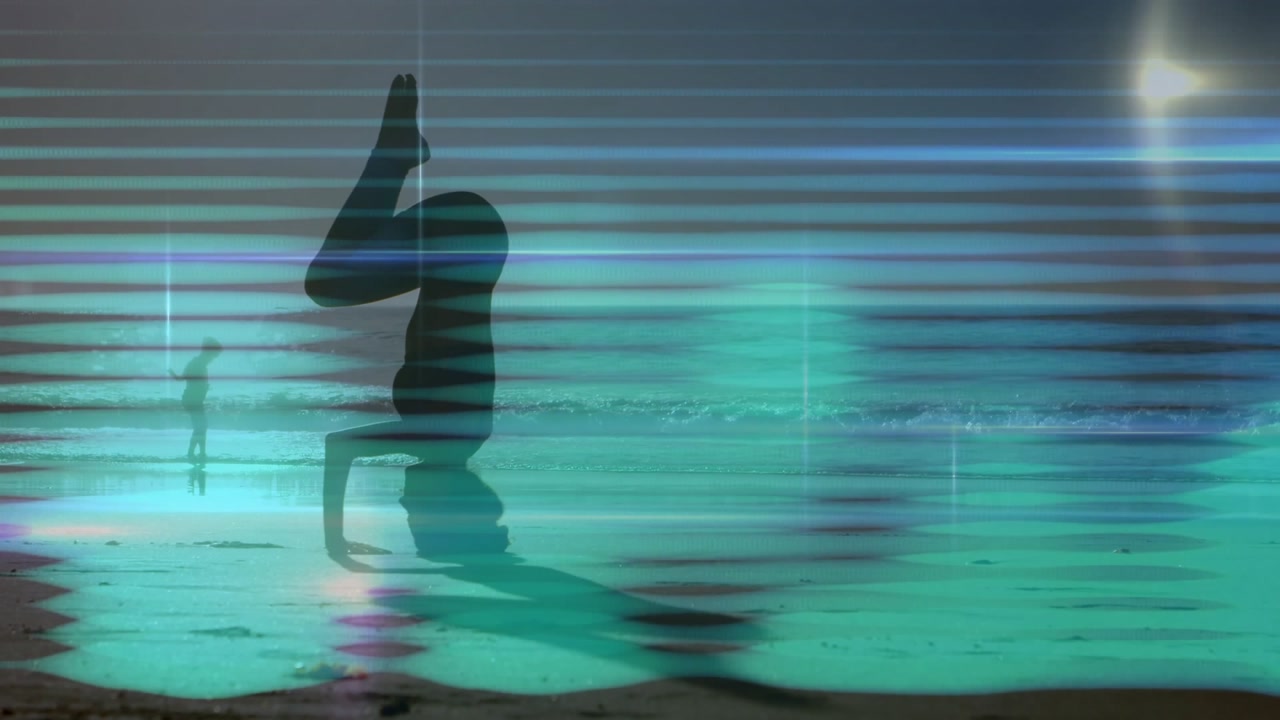 Glitch drifting over dusk beach, yoga instructor holding headstand on wet sand beside waves
