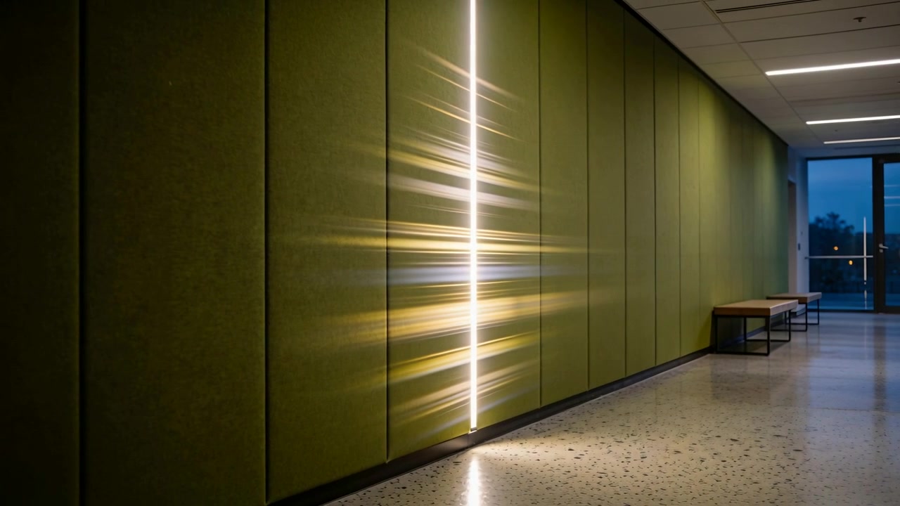Emitting LED strip casting shifting gold bands on green corridor wall, figure exiting in dark coat
