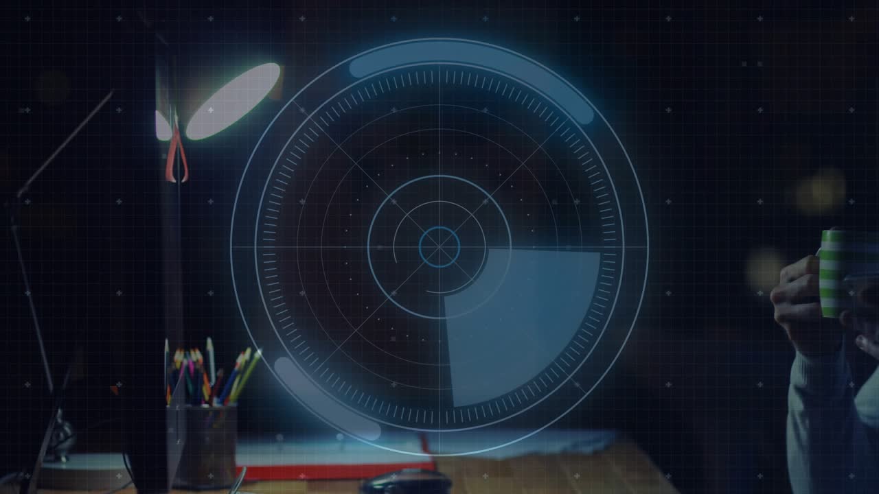 Man bringing cylinder closer on tech desk, HUD tracking and analyzing device while charts updating