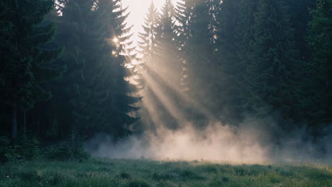 sunrise in a misty forest