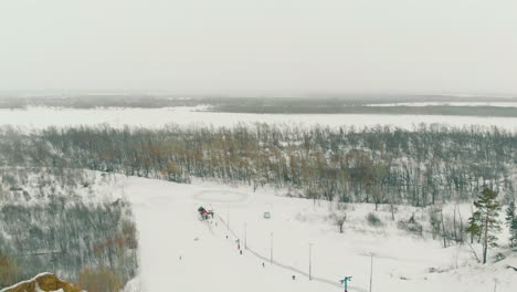 lower-station-ski-surface-lift-on-snowy-slope-against-forest